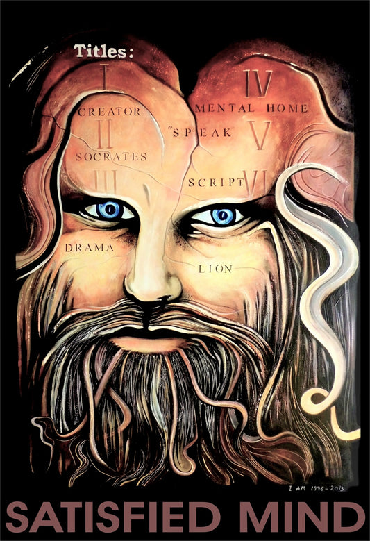 Socrates Artistic depiction of a face with intellectual titles and 'Satisfied Mind' text.