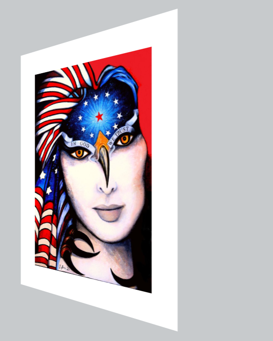Artistic depiction of a person with an American flag headpiece on a gray background