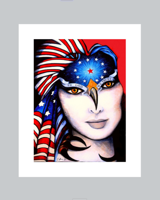Artistic depiction of a face with American flag elements and eagle features on a gray background