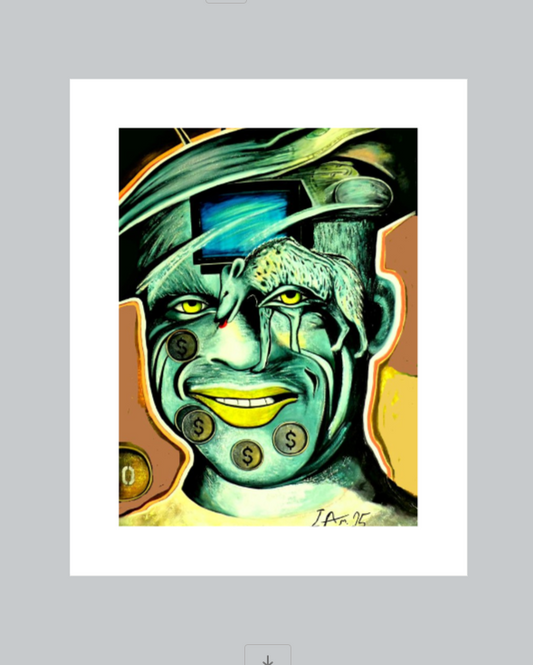 Artistic depiction of a character with green skin and mechanical elements on a gray background