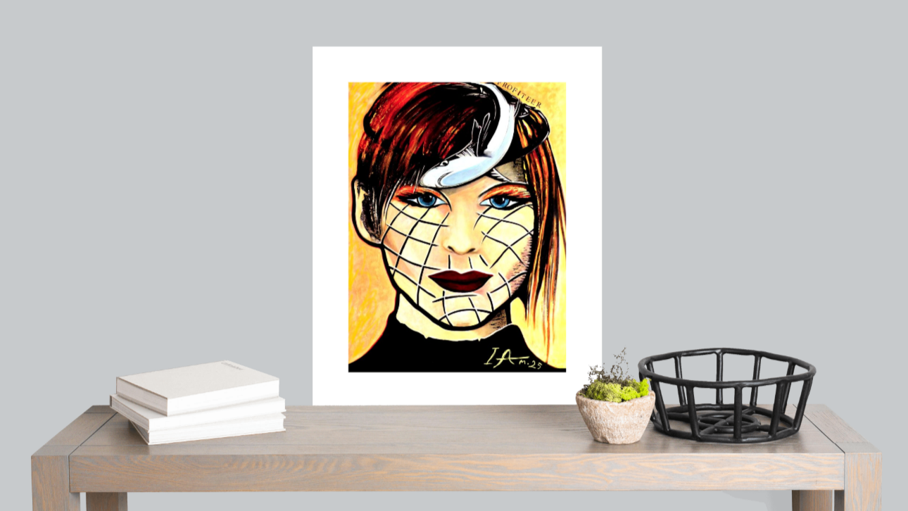 Framed artwork of a stylized face on a table with books and a plant.