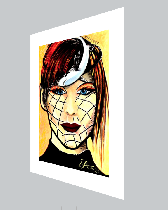 Artistic depiction of a character with web-like face paint on a gray background