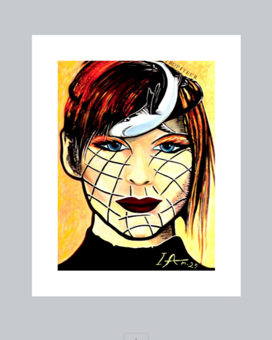 Artistic portrait of a person with grid-patterned face paint on a gray background