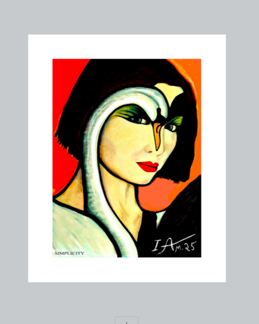Artistic portrait of a woman with a stylized design on a gray background