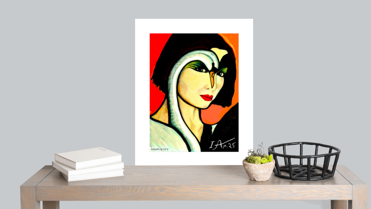 Framed artwork of a stylized face on a table with books and a basket.