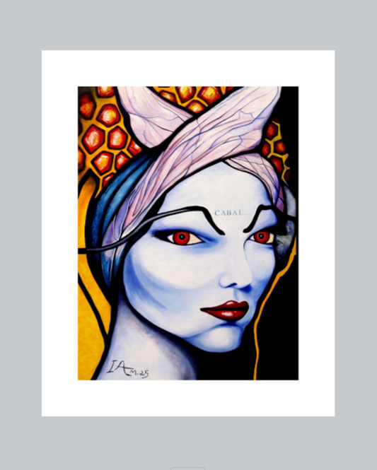 Artistic depiction of a character with red eyes and a colorful headpiece on a gray background