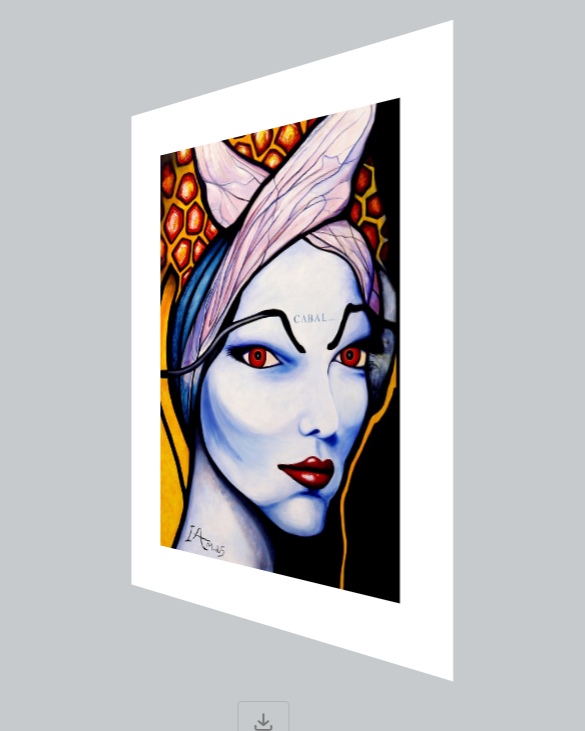 Artistic depiction of a stylized face with colorful hair and red eyes on a gray background