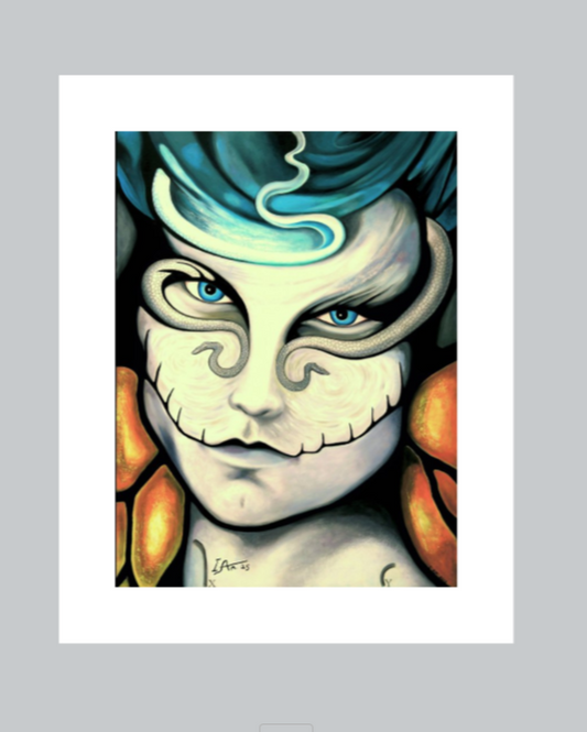 Artistic illustration of a character with blue hair and white face, framed against a gray background.