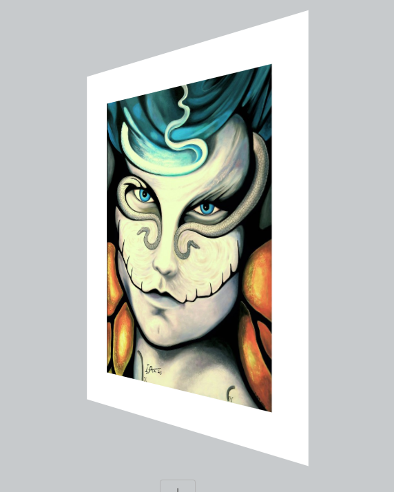 Artistic depiction of a character with blue hair and white face on a gray background
