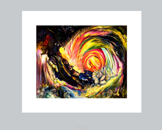 Colorful abstract artwork with swirling patterns and a central figure on a gray background