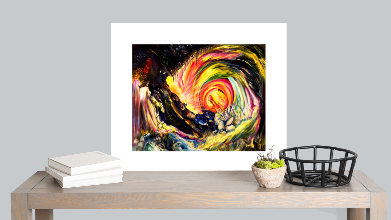 Colorful abstract painting on a white frame displayed on a wooden table with books and a plant.
