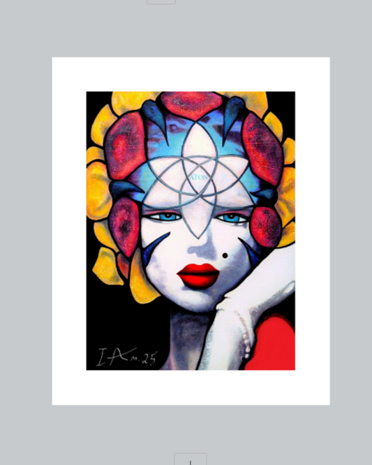 Colorful Marylin Monroe portrait art of a face with geometric patterns on a gray background
