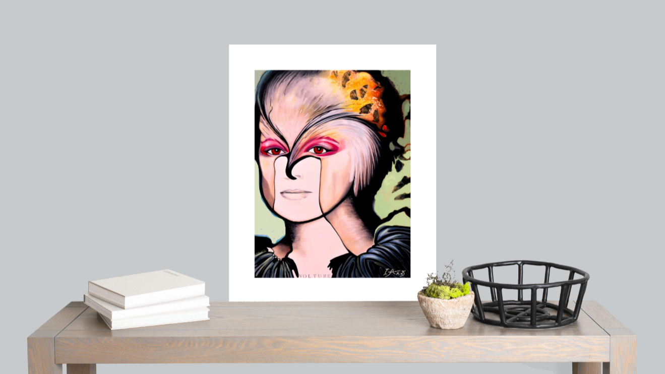 Framed artwork of a stylized portrait on a wooden table with books and a basket.