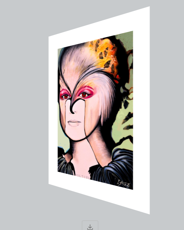 Framed artwork of a stylized character with colorful hair on a gray background