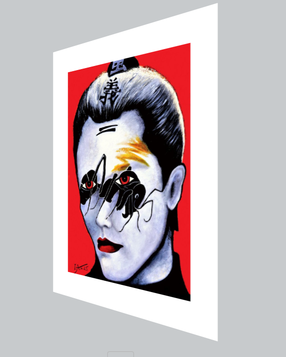Artistic depiction of a stylized face with red, black, and white colors on a gray background
