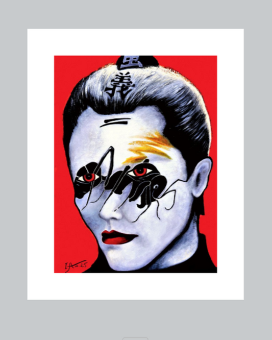 Artistic depiction of a stylized face with red eyes and black accents on a red background