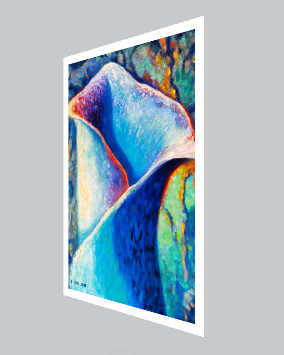 Colorful abstract painting of a lily flower in a white frame on a gray background