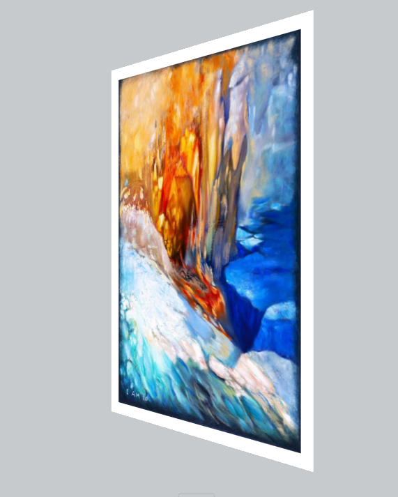 Abstract painting with warm and cool colors in a white frame on a gray background