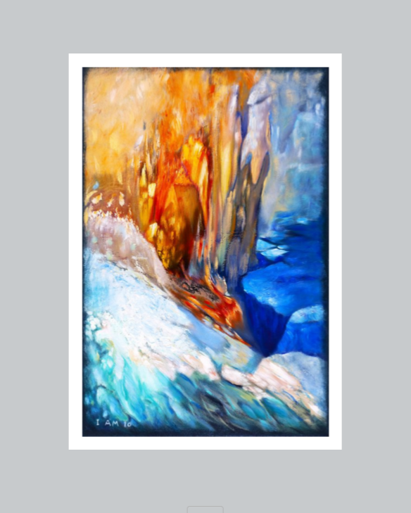 Abstract painting with warm and cool colors on a gray background