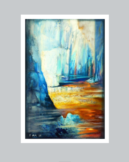 Abstract painting with blue, orange, and white colors on a gray background