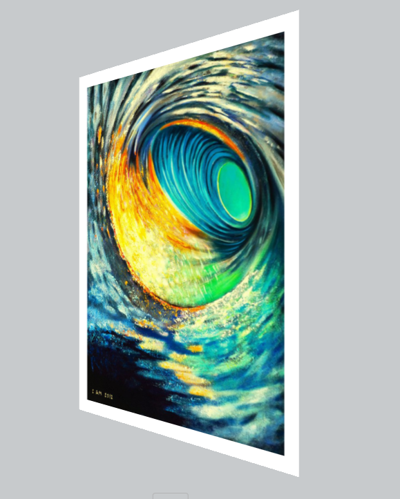 Abstract artwork with swirling blue green colors on a gray background