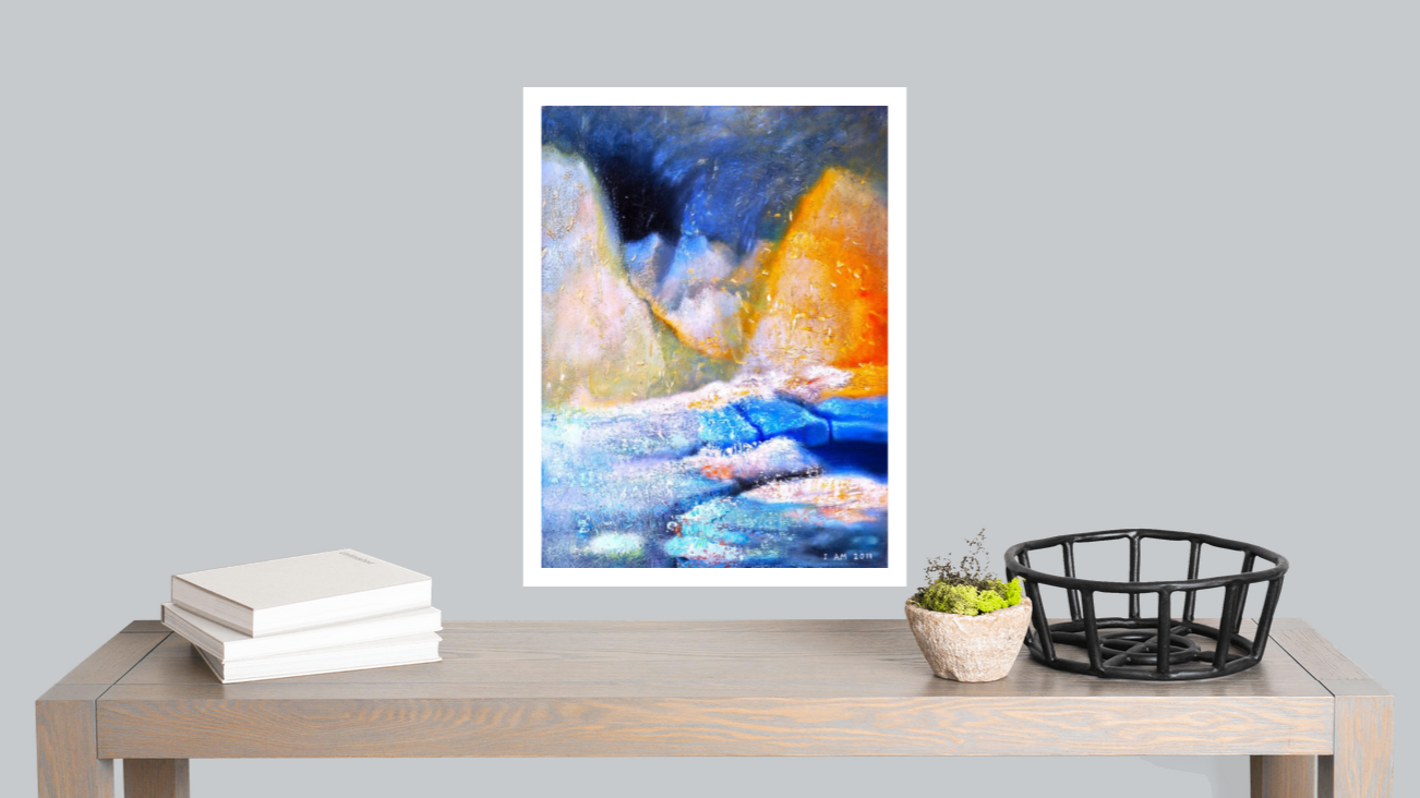 night sky painting of mountains and snow fields with white border over grey wall