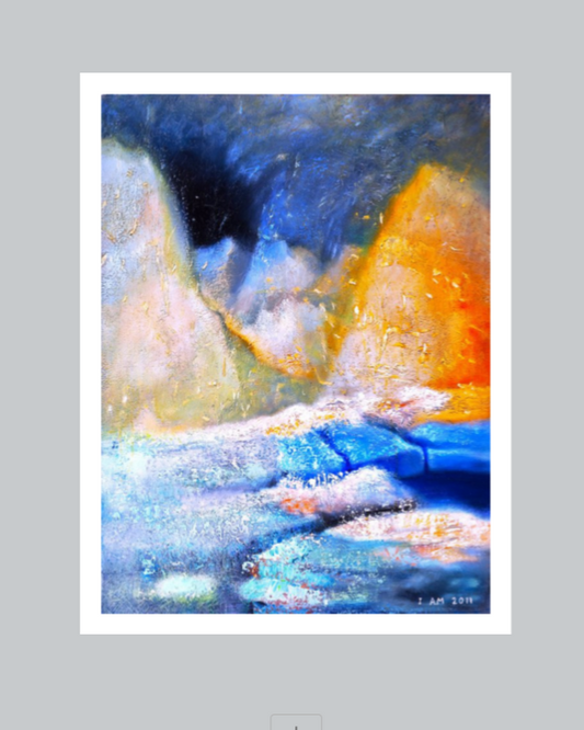 artwork of mountains at night with ice field in blue white and orange light