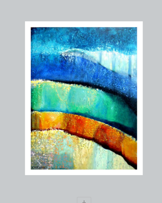 Abstract painting with blue, green, and orange colors on a gray background
