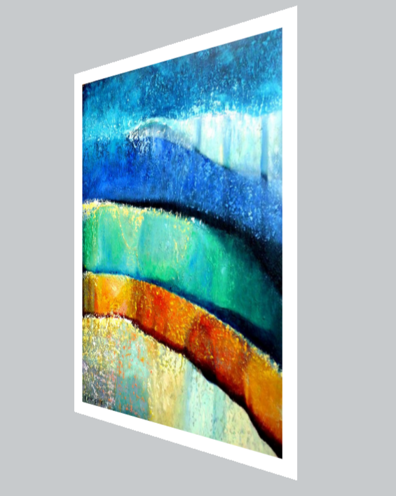 Abstract art print with blue, green, and orange colors on a gray background