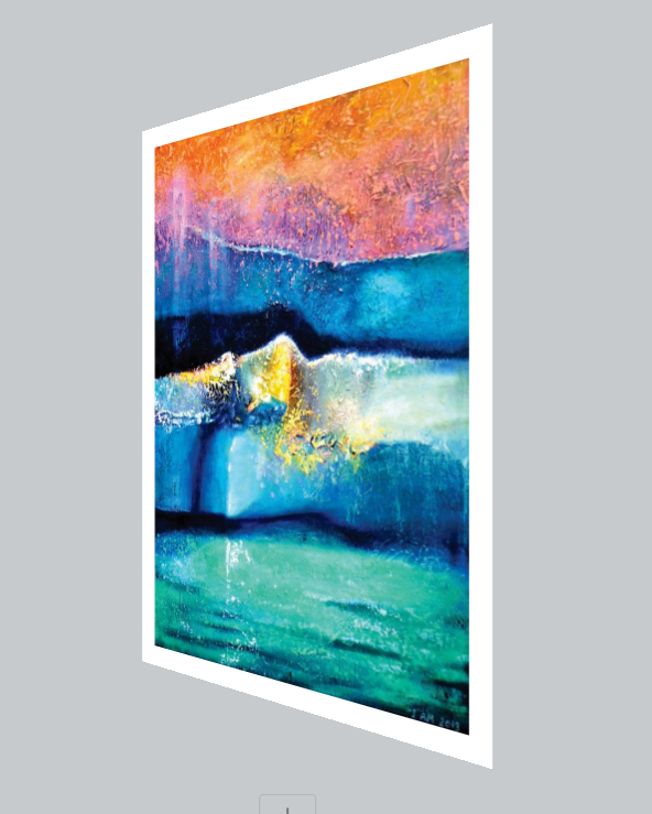 Abstract art print with colorful landscape on a gray background