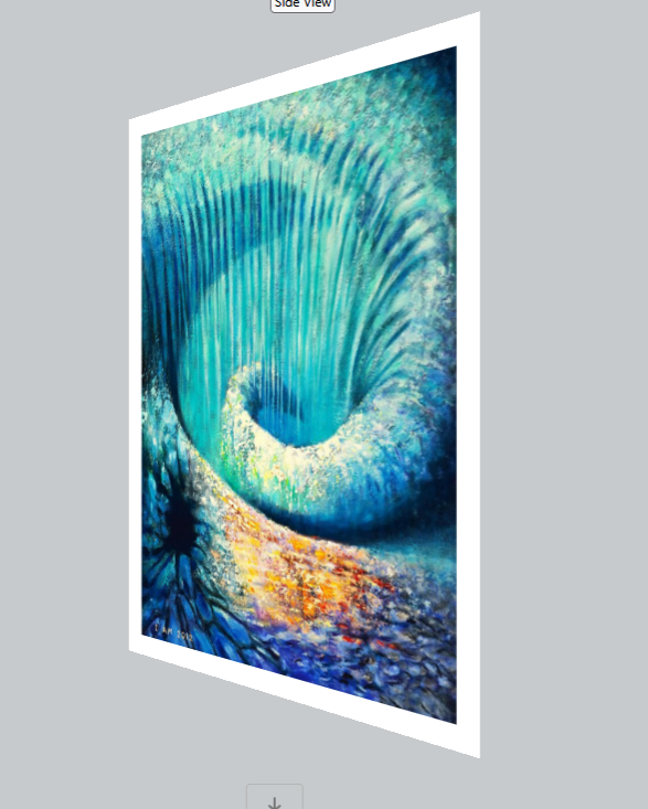 fine art print with white border of a blue spiral vortex over grey wall