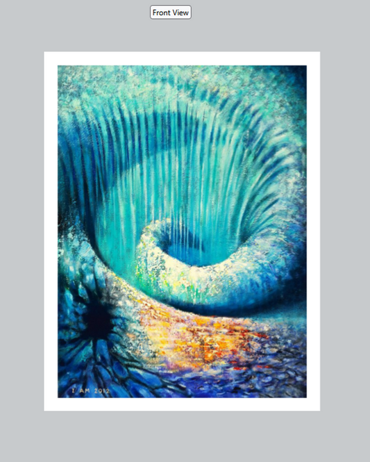 art print with white border of spiral blue vortex and water fall over a grey wall
