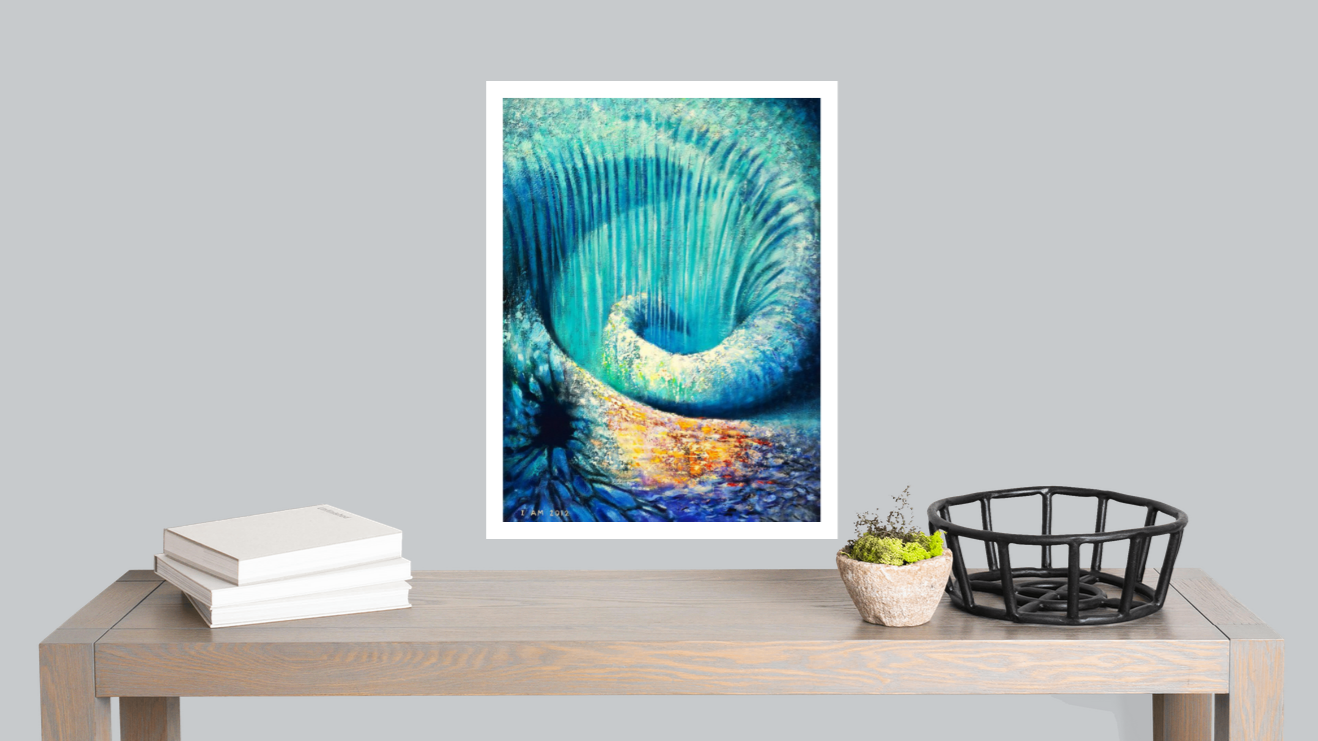 blue spiral vortex painting over a table with books plant and a bascket