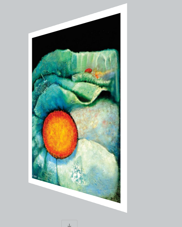 fine art print of a flower in blue white and orange center against dark space
