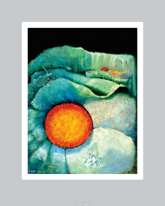 abstract artwork print of a blue flower in dark space with white border