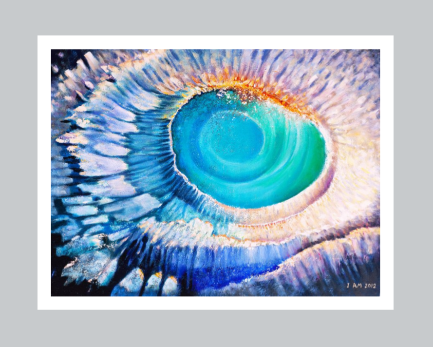 abstract artwork of a spiral vortex in blue and white with board over grey wall
