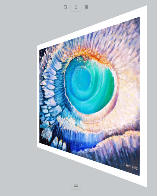 Abstract artwork of a spiral design with blue and orange colors on a gray background