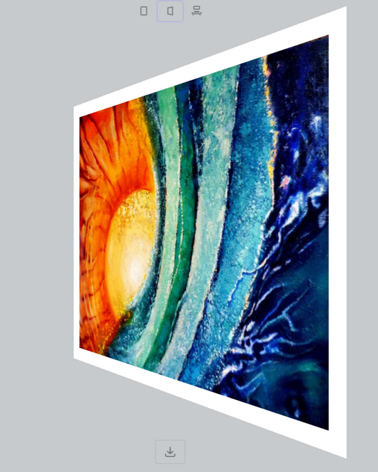 abstract painting of sun rising behind blue waves white border on a grey wall