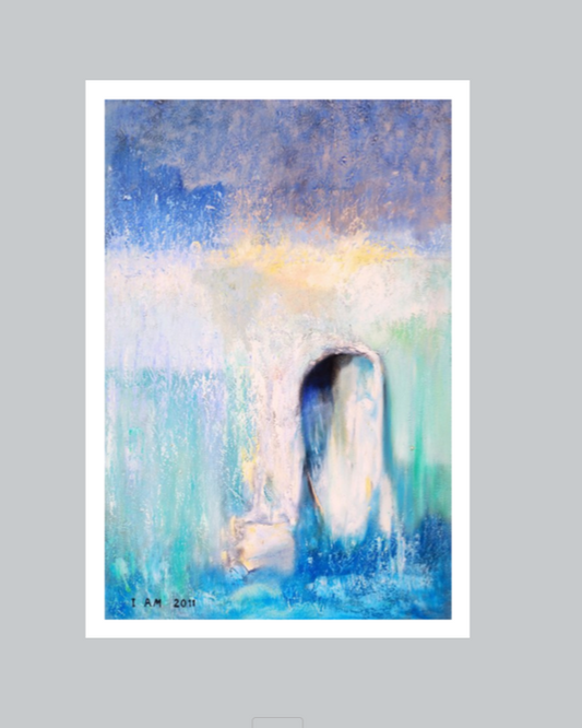 abstract glaciers landscape painting with arched portal blue ice and water 