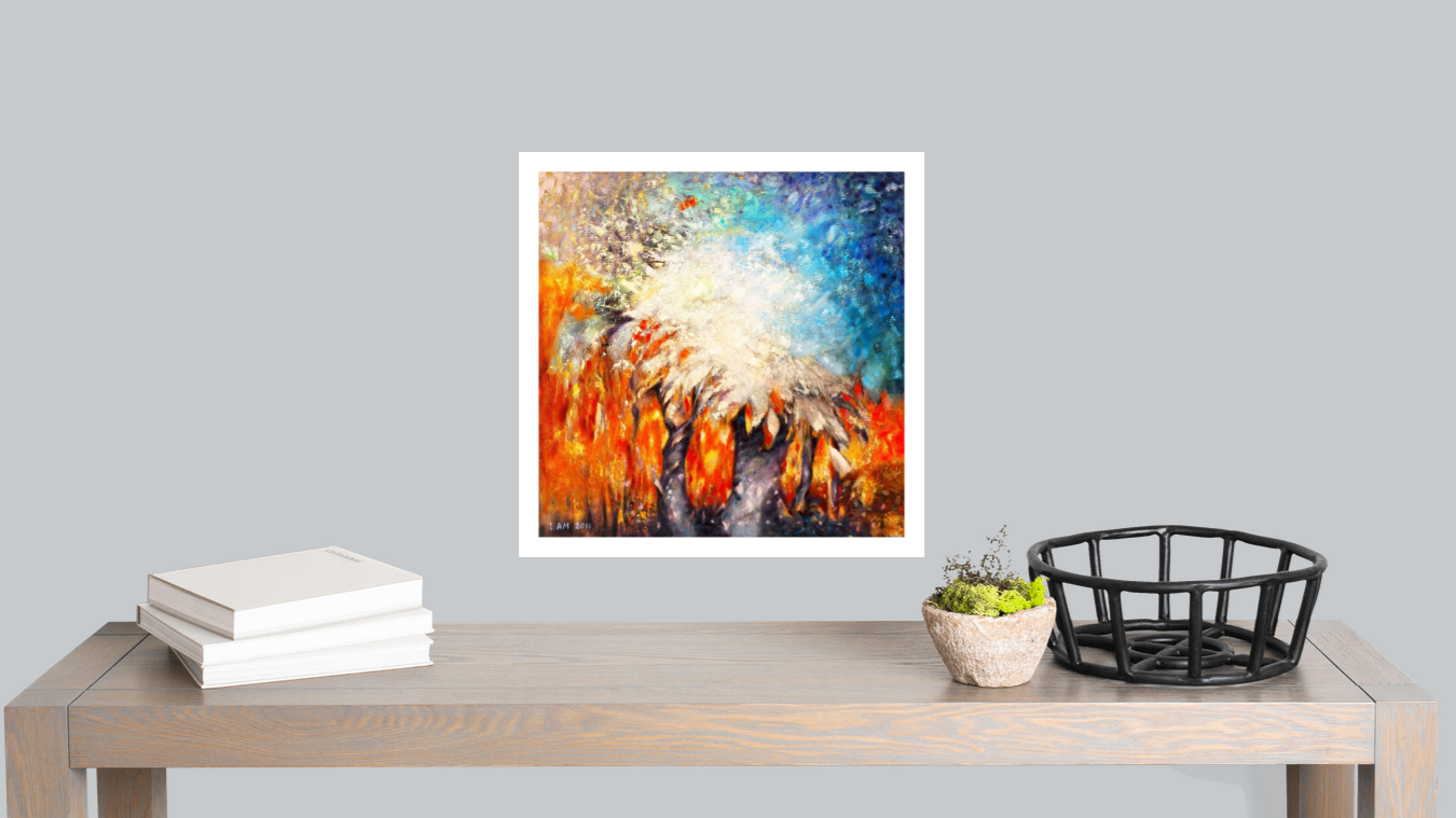 Colorful abstract painting of a blue and orange tree on a gray wall above a wooden table with decor items.