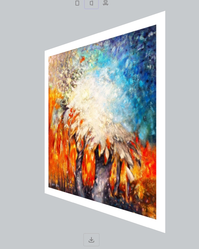 Colorful impressionist painting of a blue tree with fire in the background over  a gray wall
