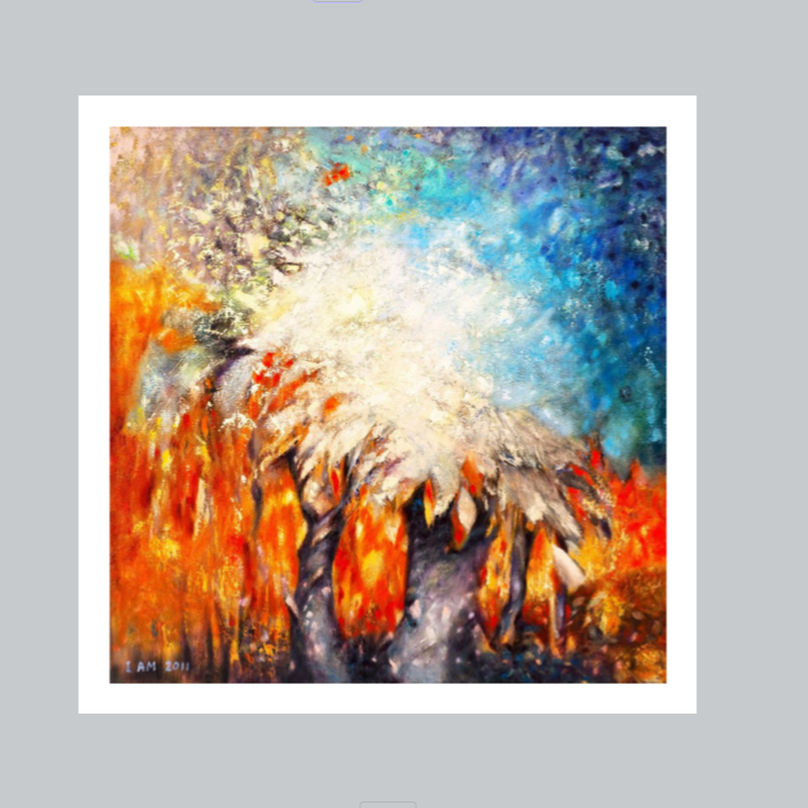 Abstract painting of a snowy tree with fiery background