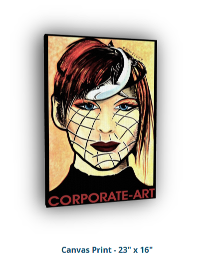 Canvas print of a stylized portrait with 'Corporate Art' branding on a white background