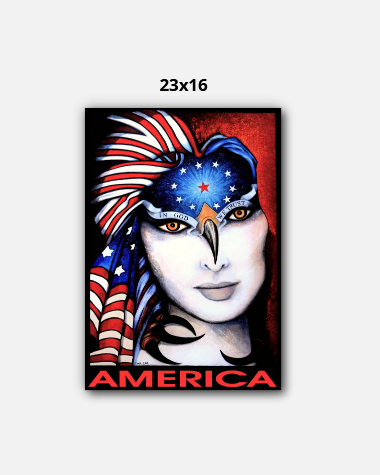 Artistic depiction of a person wearing an American flag headdress with 'AMERICA' text, on a white background.