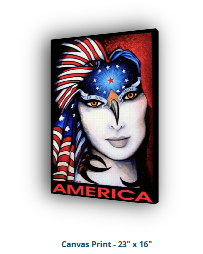 Canvas print of a stylized portrait with American flag elements on a white background