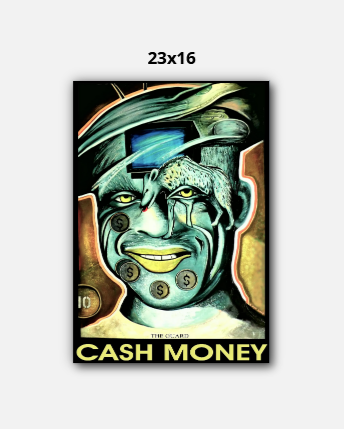 Artistic depiction of a face with green skin and a hat, featuring the text 'Cash Money' on a white background.