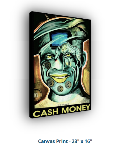 Canvas print of a stylized character with mechanical elements and 'Cash Money' text on a white background.