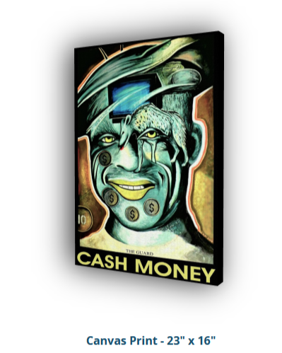 Canvas print of a stylized face with 'Cash Money' text on a white background