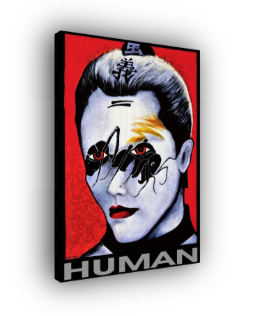 Canvas print of a stylized face with 'HUMAN' text on a red background