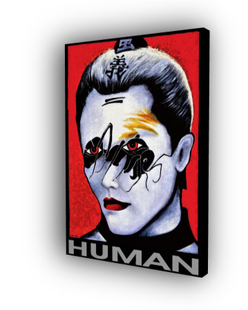 Canvas print of a stylized face with red and black accents on a white background